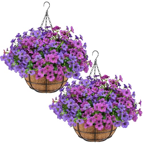 Image of 2 Set Outdoor Artificial Hanging Flower Baskets with Coco Liners, Purple
