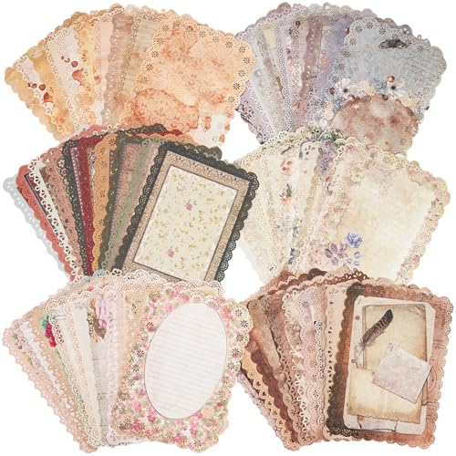 60 hojas de papel vintage para scrapbooking con borde de encaje – Set de 6 para cartas, diarios, collages y proyectos creativos – 4,9 x 6,9 pulgadas