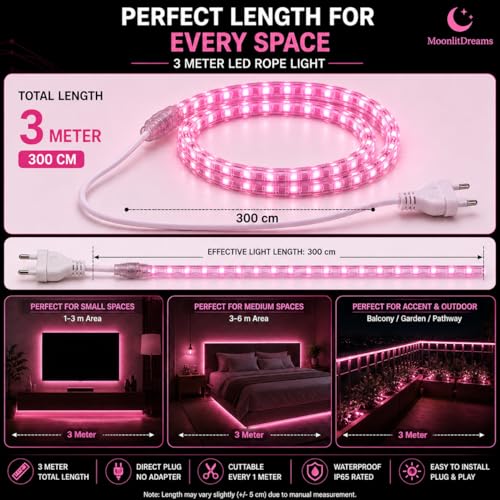 Image of MoonlitDreams 3 Meter LED Rope Light for Decoration - Waterproof Pink SMD Cove Light for Ceiling, Home Decor, LED Pipe Light for Diwali, Festival, Indoor, Outdoor Use