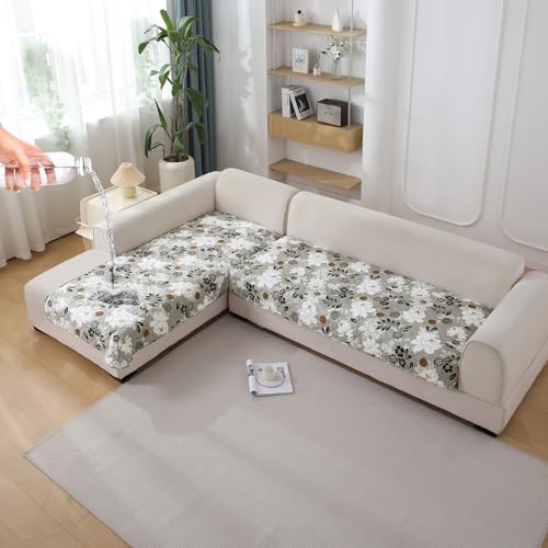 Image of HOKIPO 'Elira Series' Printed Water Repellent + Waterproof Quick Dry L Shape (3+2 Seater) Sofa Seat Cover Mat, Feather Brown Floral (AR-5249-C1 + AR-5246-C1)