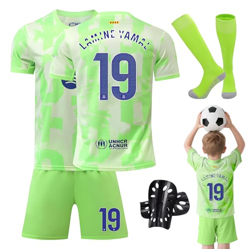 RoserRose Fußball Trikot für Kinder, Nr. 19 Trikot Fussball Jungen, Schnell Trocknendes Atmungsaktives Football Jersey, Trainingsshirt Set mit T-Shirt Shorts Socken und Schienbeinschoner, 24
