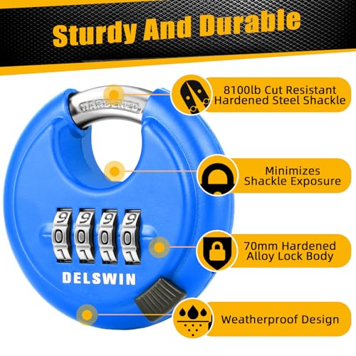Image of 4 Digit Combination Disc Padlock with Hardened Steel Shackle Silver Lock for Sheds, Storage Unit, Gym and Fence (Blue 1Pcs)
