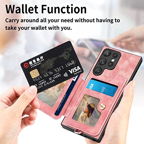 Funda con soporte de anillo para Samsung S20 Plus anticaídas con tarjetero de cuero rosa 3