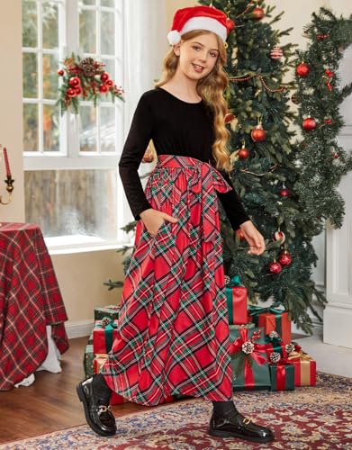 Image of KYMIDY Girl Maxi Dress Kids Casual Buffalo Check Plaid Long Sleeve Dresses with Pockets(6-14yrs)