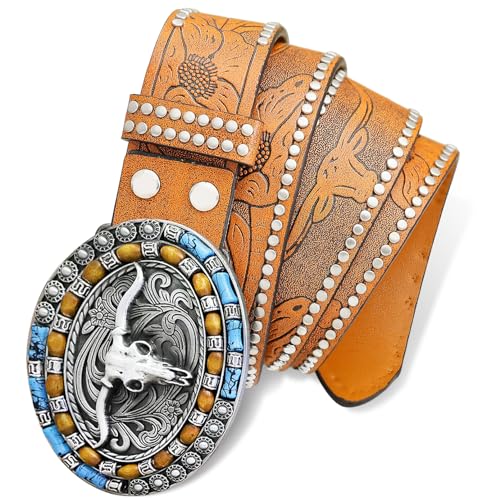 Mens Western Cowboy Buckle Belts Rodeo Longhorn Bull Pattern Leather Waist Belt Silver Studded Strap, 1/2 Inch Wide