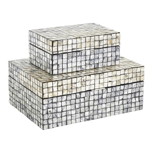 Deco 79 085447 Mother Of Pearl Shell Geometric Handmade Decorative Box Square Mosaic Storage Decorative Keepsake Box cover