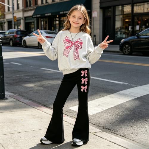 Image of Girls Clothes 2 Piece Cute Bow Print Sweatshirt & Flare Pants Fall Winter Outfits Set Size 7-14Y