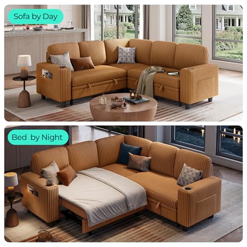 Image of LINSY HOME Sectional Sleeper Sofa with Pull Out Couch Bed - Convertible Plush Corduroy Cloud Couch with Storage Chaise & USB Charging, Comfy L Shaped Modular Couches for Living Room Apartment, Brown