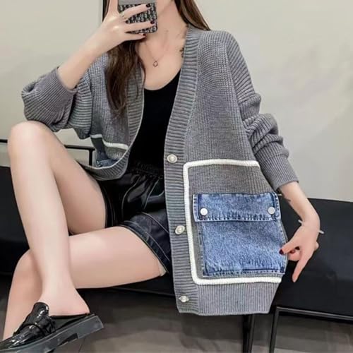 Image of FindThy Women's Casual Button Up Cardigan Oversized Long Sleeve Jean Patchwork Sweater Cardigans