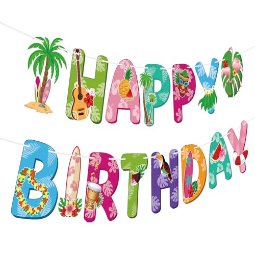 Image of Hooqict Happy Birthday Banner Hawaiian Birthday Decorations Colorful Hawaii Party Banner Garland Sign for Summer Tropical Hawaiian Luau Party Decorations