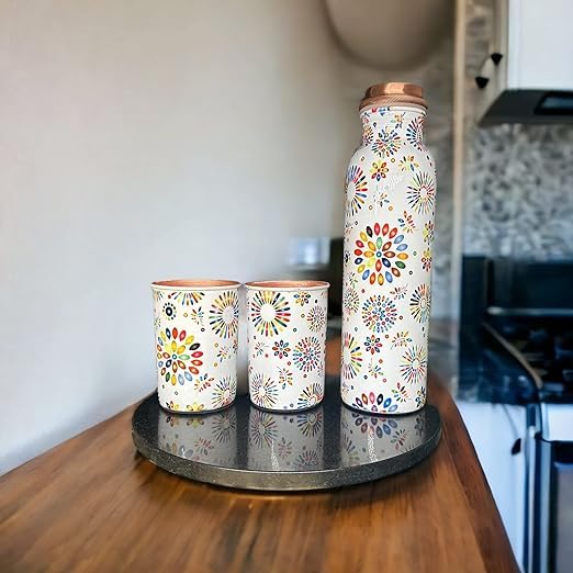 Image of Copper Water Bottle 1 Ltr | Copper Water Bottle with Glass Set | Meena Work | 100% Pure | Leak-Proof | 2 Water Glass 300ml each | Best for Gifting ((Balloon Design - 1))