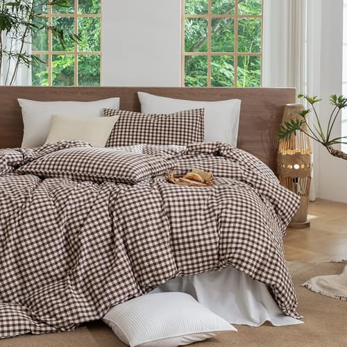 Image of MooMee Gingham Duvet Cover Set 100% Washed Cotton Linen Like Textured Breathable Durable Soft Comfy Modern Checkered Design (Classic Gingham Cocoa Brown, Queen 90 inchx90 inch)