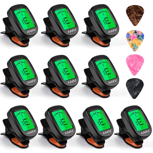 Image of Aarvi Guitar Tuner, Clip-On Digital Chromatic Tuner for Acoustic & Electric Instruments, 10 Pack with 40 Guitar Picks