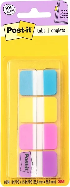 Post-it Tabs, 1 in Solid, Aqua, Yellow, Pink, Violet, 22/Color, 88/Dispenser (686-AYPV1IN)