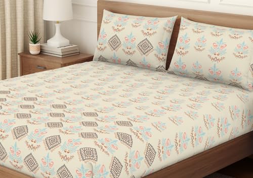 Image of Welspun ENZO Queen Size Fitted Bedsheet with 2 Pillow Covers | 360 Elastic | 100% Pure Cotton | 60 x 78 Inches | Soft, Breathable, Lightweight & Easy Care | Cream