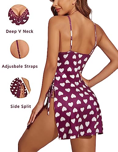 Image of Avidlove Women's Lingerie Sexy Nightgown Milk Silk Sleepwear Lace Babydoll Chemise Side Slit Nightie with Thong