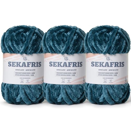 Image of Fuzzy Chunky Chenille Yarn for Crocheting,Soft Plush Yarn for Hand Knitting,Bulky 3x100g(3x49.2 yd) Baby Blanket Yarn for Crocheting Amigurumi Yarns,Crochet Fluffy Velvet Yarns (Sapphire Blue)