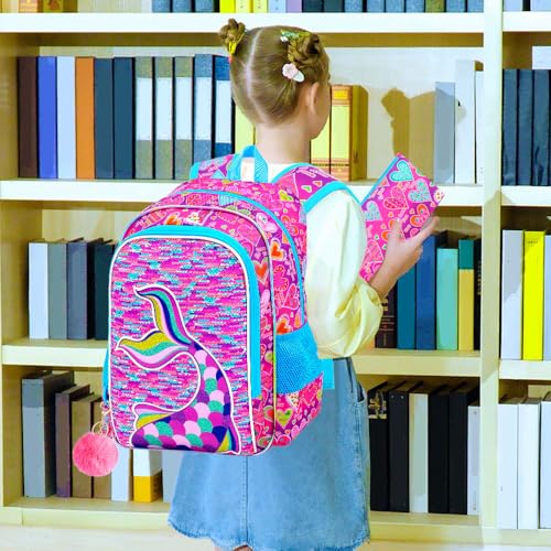 Image of CCJPX 3Pcs Mermaid Backpack, 16 inch Girls Sequin Bookbag with Lunch Box, Kids Water Resistant Elementary School Bag for Kindergarten Preschool Toddler (Rose)