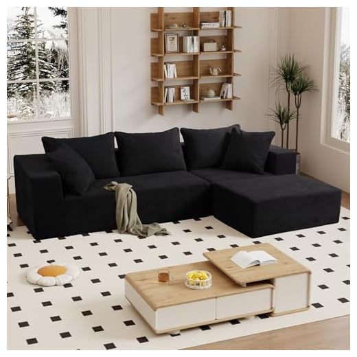 Vamcheer Modular Sectional Sofa with Chaise, Modern L Shaped Cloud Couch with Deep Seat, Sectional Couches for Living Room, Bedroom, Office, No Assembly Required, Black