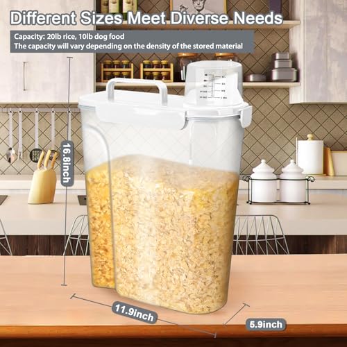 Image of Komzon Rice Storage Containers, Airtight Cereal Containers Storage, with Pouring Spout Portable Handle for Flour, Pasta, Grain and Baking, Pet Dog Cat Bird Food Container 20lb White
