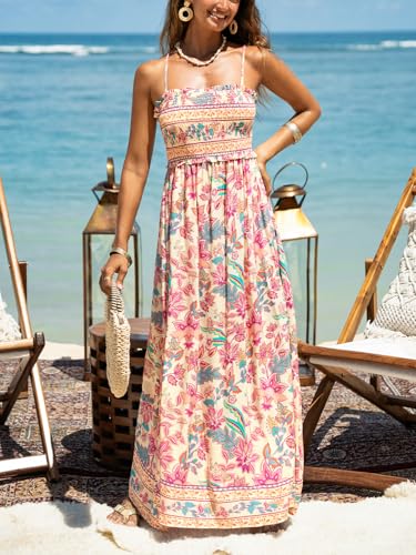 Image of CUPSHE Women Spaghetti Straps Boho Maxi Dress Summer Sleeveless Smocked Floral Beach Long Dress Flowy Cruise Vacation Outfits