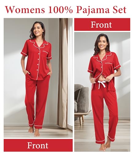 Image of CF Womens 100% Cotton Pajamas Set Button Down Pjs Sets Short Sleeve Top & Long Pants Sleepwear Comfy Loungewear with Pockets