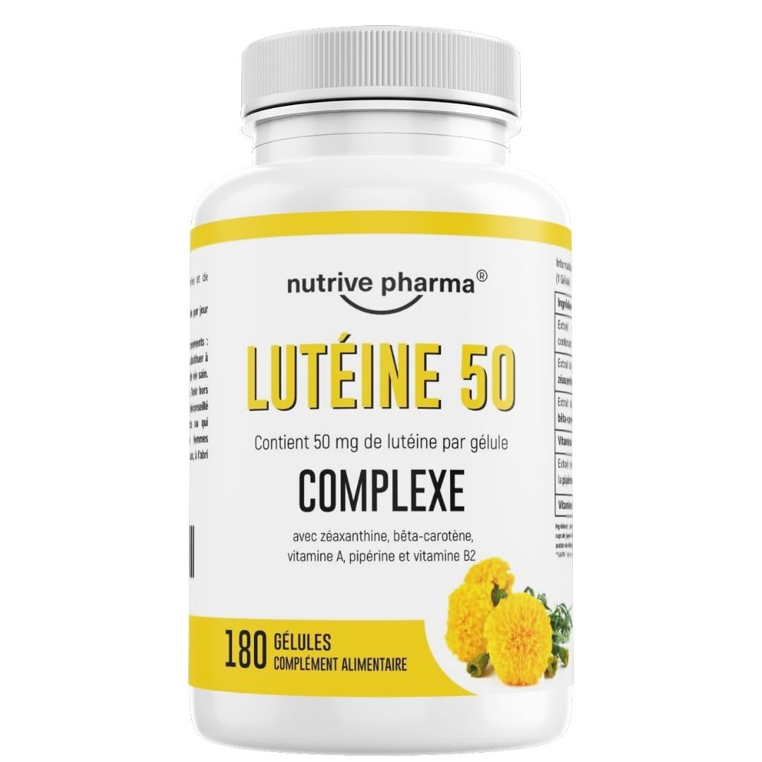 Lutéine 50 mg avec zéaxanthine, bêta-carotène, vitamines A & B2, pipérine | 180 gélules | Santé des yeux & protection contre la lumière bleue | Sans OGM & sans gluten | par nutrive pharma