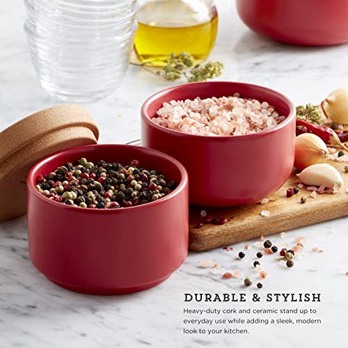 Image of Ceramic and Cork 3 Piece Stackable Salt and Pepper Cellar For Countertop Space Saving1Easy Lift Lid to Retain Freshness for Easy Open, Natural Cork and Red Ceramic