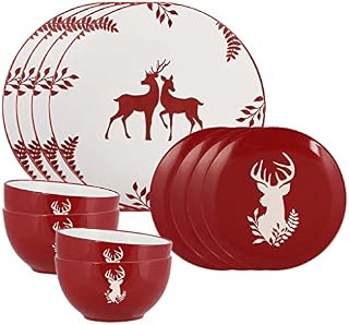 12 Piece Stoneware Dinner Set - Tableware Service for 4 - Christmas Dinner Plate, Side Plate & Bowl