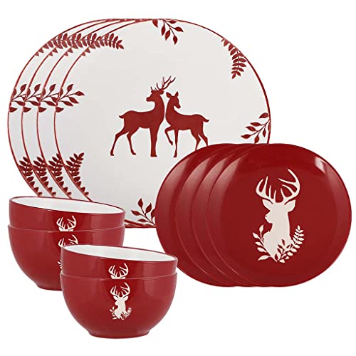 Christmas Dinner Set 12 Piece Red Reindeer Crockery Set