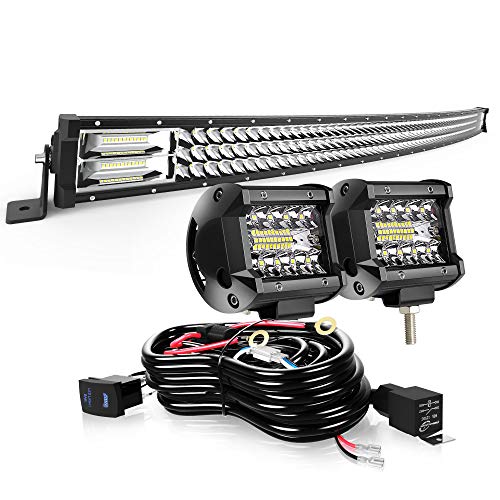 AUSI LED Light Bar 50" Curved 684W Triple Row Light Bars + 2PCS 4in 60W LED Pods Off Road Driving Fog Lights with Rocker Switch Wiring Harness Kit for Trucks Polaris ATV SUV Boat Lighting