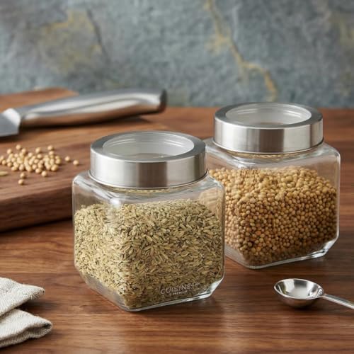 Image of CROCO JAR Square Glass Storage Containers 580ml | Transparent Airtight Kitchen Jars with Steel Lid | Cubical Glass Jars for Pantry, Snacks, Dry Fruits, Masala, Pickle & Coffee Beans | Pack of 2