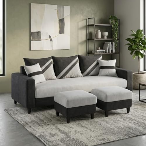 Image of SLEEPIFY Covelle 3 Seater Sofa Set with 2 Ottoman (Dark Gray - Light Gray) | Premium Soft Velvet | Plush Comfort Cushions | Modern Living Room Sofa | Spacious Comfortable Seating
