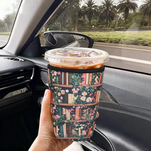 Image of Reusable Insulated Neoprene Iced Coffee Cup Sleeve, Durable Drink Sleeve for Cold Beverages, Beverage Holder for Iced Coffee (Bookish Bloom)