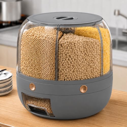 Image of YAGVIZ Rotating Grain Storage Bin 6 Grids Rice Container One-Click Output Large Capacity Food Dispenser For Rice Grains Sealed Moisture Proof Organizer