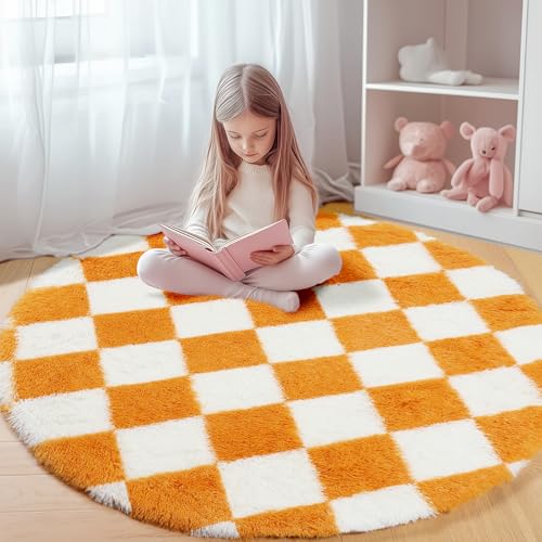 Image of KICMOR Round Rug 4ft Orange and Cream White Circle Area Rug, Fluffy Soft Fuzzy Shag Shaggy Bedroom Living Room Carpet, Indoor Checkered Circular Rug for Kids Boys Girls Home Decor Aesthetic, Nursery