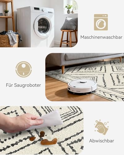 DEFYNEE Teppich Wohnzimmer 150x210 cm Wohnzimmerteppich, Waschbarer Teppich, Kurzflor (Florhöhe ca. 5,88 mm), rutschfest, Vintage & Boho Rug für Kinderzimmer, Schlafzimmer, Büro, Schwarz-Weiß