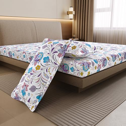 Image of Divine Casa 144 TC 100% Cotton Double Bedsheet with 2 Pillow Covers | Soft Breathable Wrinkle Free Bed Sheet Set | Printed Bedding for Bedroom | 222 x 254 cm (Purple Blue, Floral)