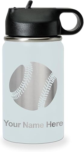 Vista 300 de LaserGram Botella de agua personalizada, pelota de béisbol, acero inoxidable de doble pared aislada al vacío con popote superior, regalo grabado