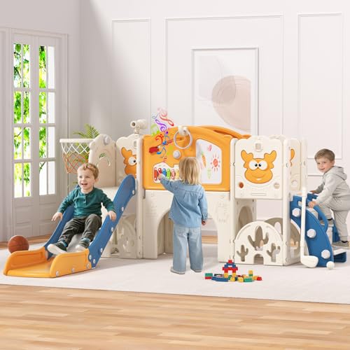 BIERUM Toddler Slide Set with Basketball Hoop, Golf Game & Drawing Board, 13-in-1 Indoor Outdoor Toddler Slides Playground for Kids Ages 1+, Kids Climber Playset for Backyard (Blue&Yellow)