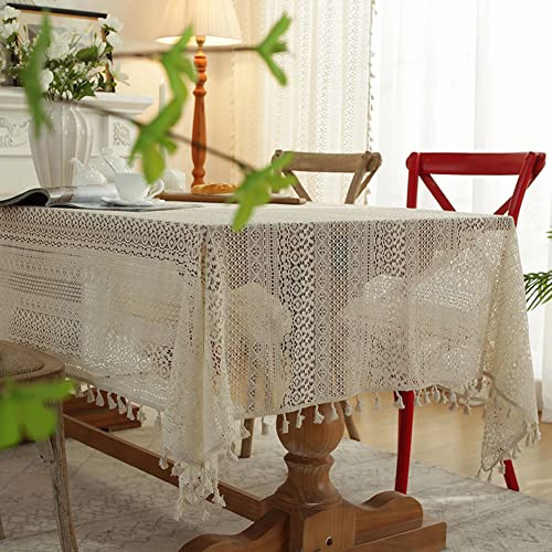 Jaijy Beige Embroidered Crochet Hole Tablecloth With Tassels thumb #1