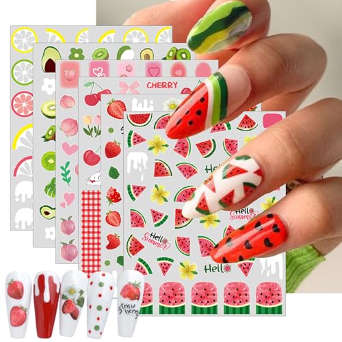 6 Sheets Fruit Nails Stickers Summer Nails Art Stickers 3D Self Adhesive Colorful Fruit Nail Decals Cute Fruits Strawberry Watermelon Cherry Nail Design Nail Art Supplies for Women Nail Decorations