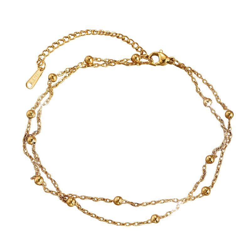 Women Double Layer Small Bead Shine Chain Anklet Lightweight Dual Chain Design | Gold-image-44