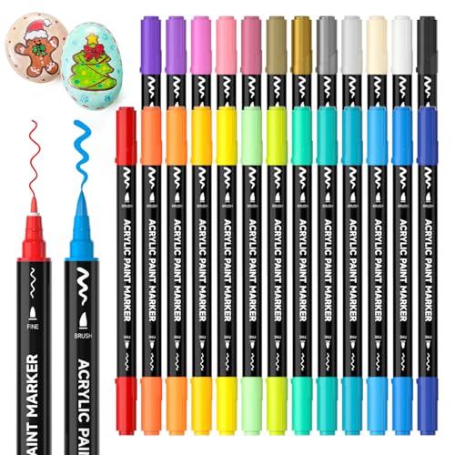 Shuttle Art 25 Colors Dual Tip Acrylic Paint Markers, Brush Tip and Fine Tip Acrylic Paint Pens for Rock, Ceramic, Wood, Canvas, Plastic, Glass, Stone, Calligraphy, Card Making, Crafts & Nail Art