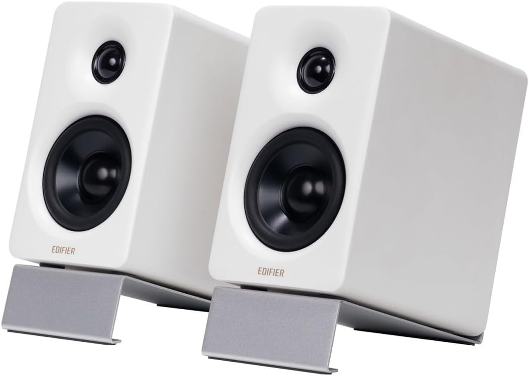 M60 Compact Desktop Speakers 2.0, for PC/Laptop/Computer, Bluetooth v5.3, USB C & 3.5 mm AUX, Hi-Res Audio Wireless Certified, 66W RMS, for Music and Gaming, Pair with Stands, White