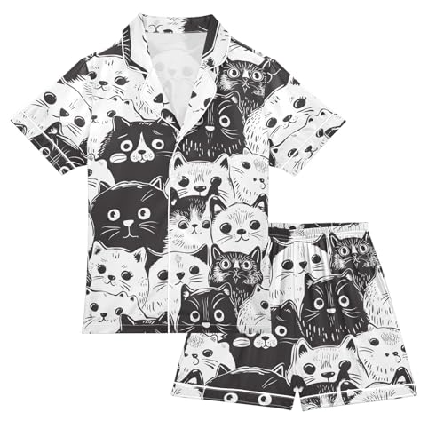ALAZA Black White Cat Animal Kitten Satin Pajamas Set Short Sleeve Button Down Sleepwear Summer Pjs 2 Piece