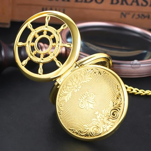 Image of Men's Mechanical Pocket Watch Black Rudder Pattern Double Open Hollow Roman Numerals Pocket Watch