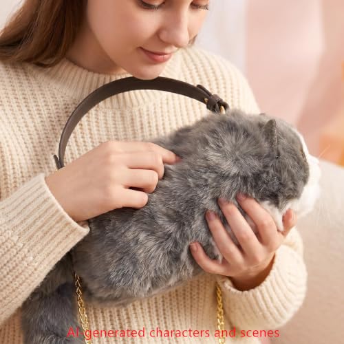 Image of Realistic Puffy Plush Cat Shaped Crossbody Handbag for Women