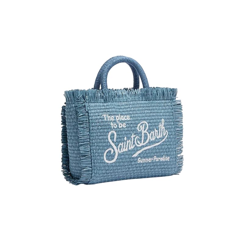 -Borsa Vanity Mini Straw effetto paglia -Manici -Profili frangiati -Linea compatta -Logo ricamato -Tracolla rimovibile