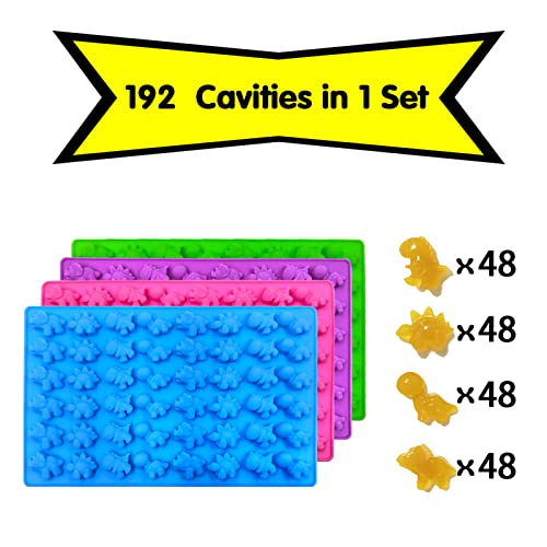 Palksky Mini Dinosaur Silicone Candy Molds/Dragon Gummy Bear Mold, Non-Stick Gummie Chocolate Gelatin Tray (4-Pack+4 Droppers) Creates 192 Sweet Snacks Triceratops T-Rex Stegosaurus Brontosaurus #TOP3